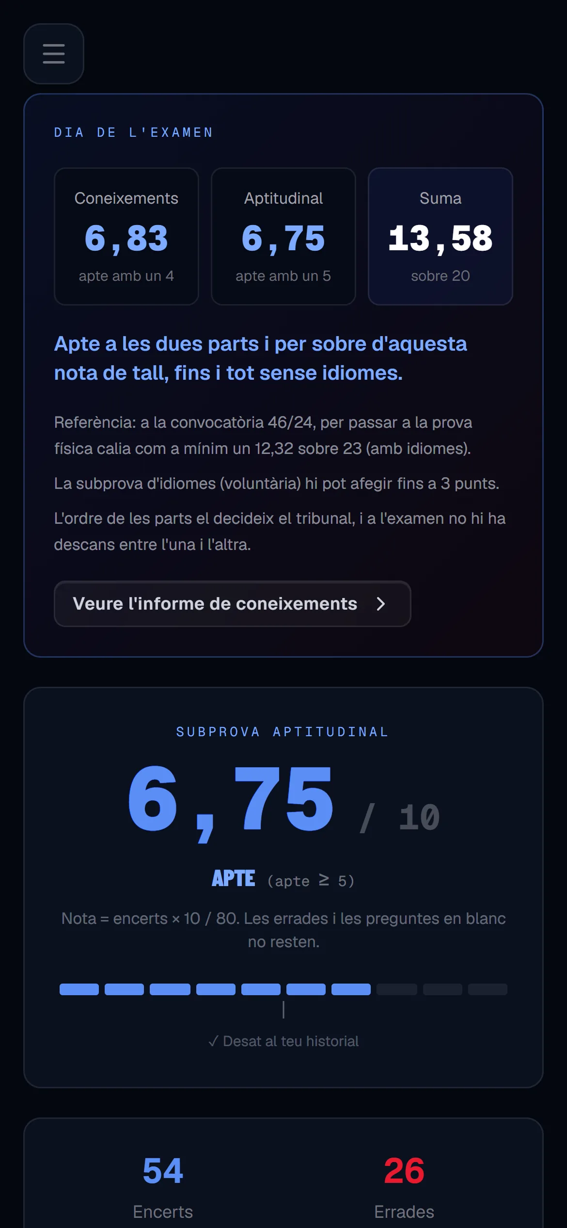 Informe del Dia de l'examen: la nota de coneixements, la de l'aptitudinal i la suma.