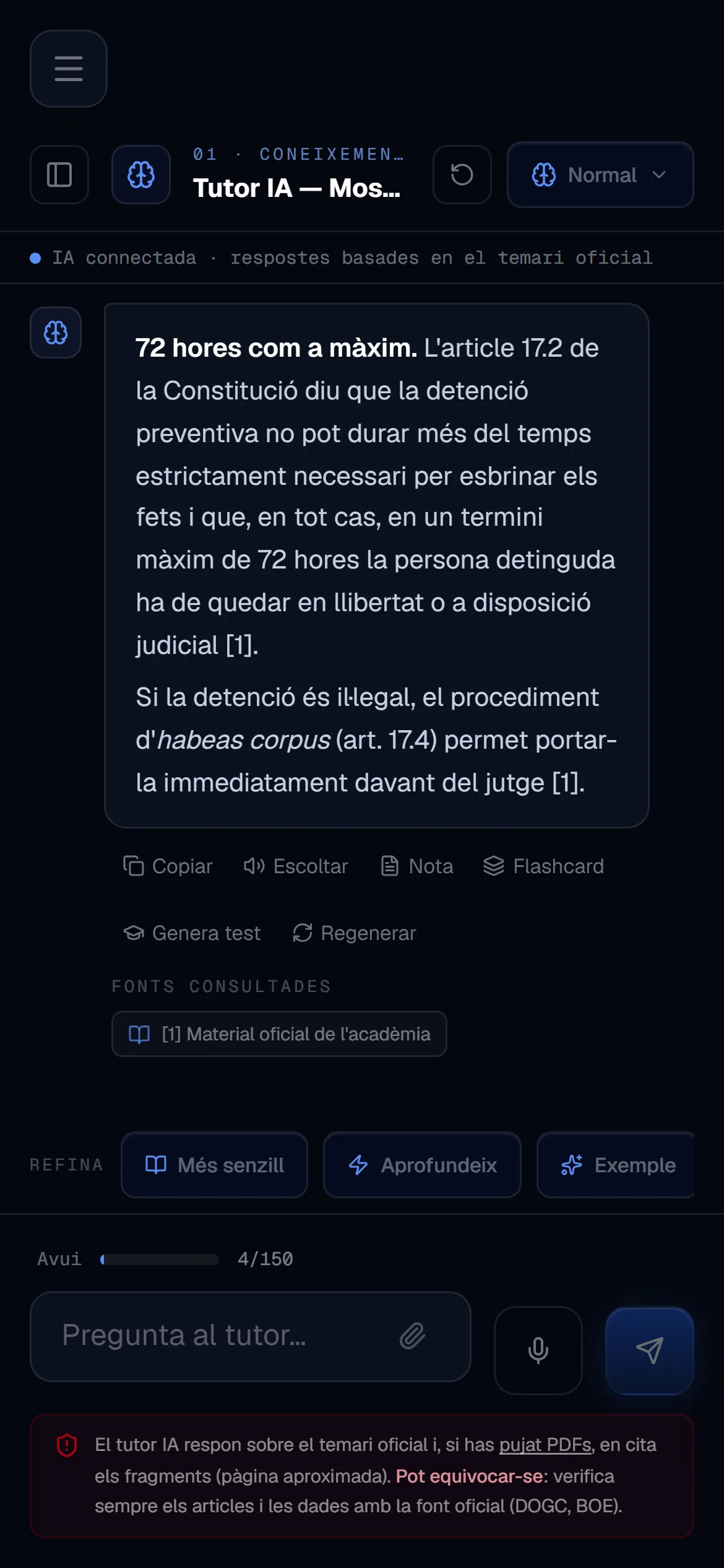 Resposta del tutor IA sobre la detenció preventiva, amb l'article 17 de la Constitució i la font consultada.